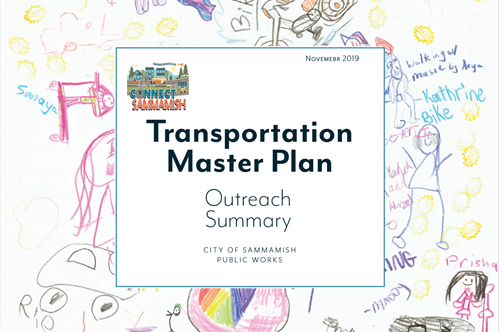 Cover page for Transportation Master Plan Outreach Summary with children's drawings of transportation methods in crayon in the background.