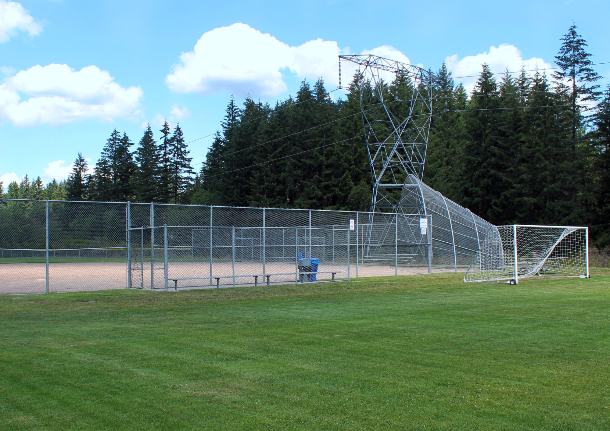 Baseball field at Klahanie Park in Sammamish surrounded by large grassy area. Coniferous trees and a power transmission utility pole are in the background.