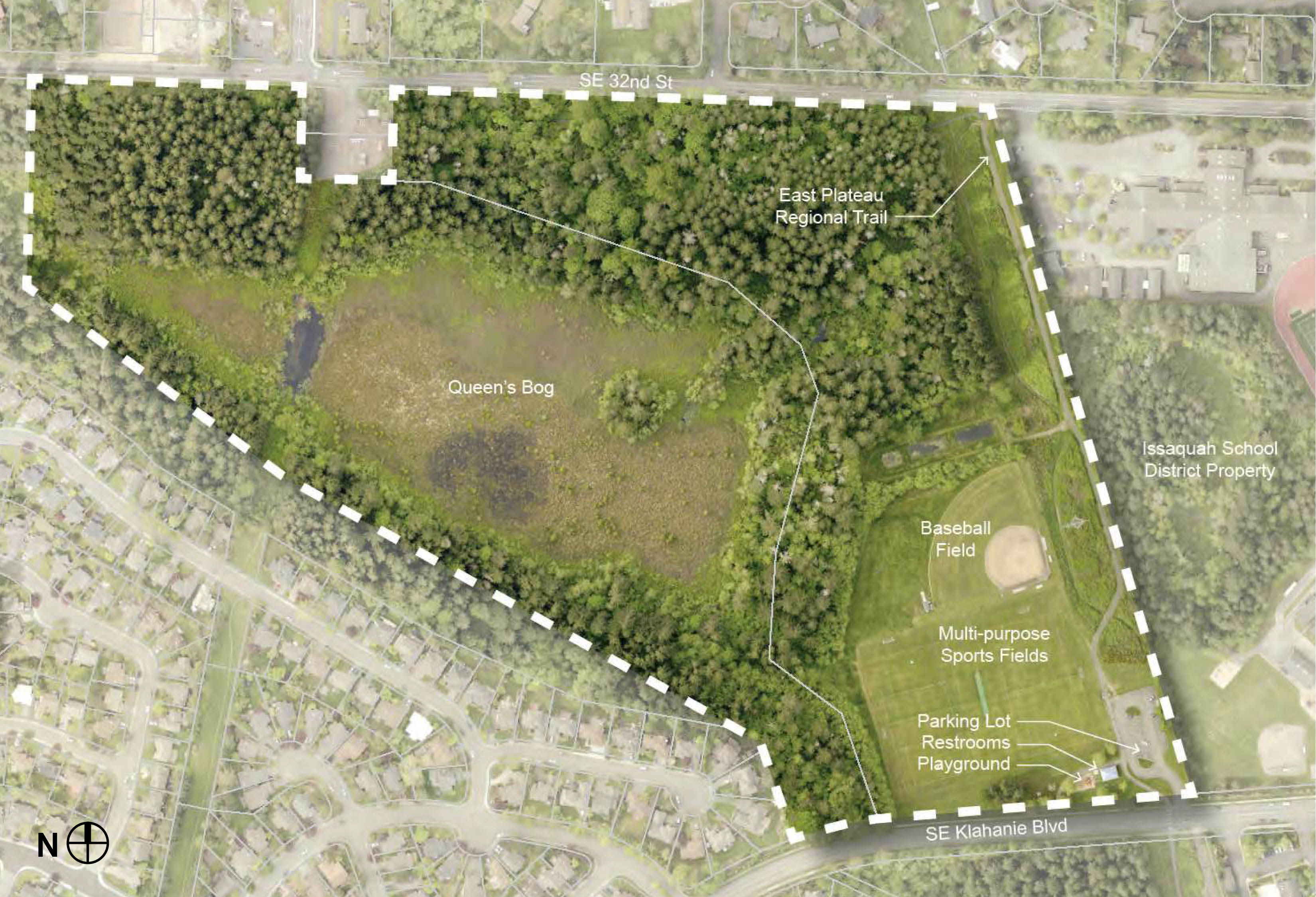 klahanie park site map showing outline of park, Queen's Bog, a regional trail, and sports fields, adjacent to an Issaquah School District property
