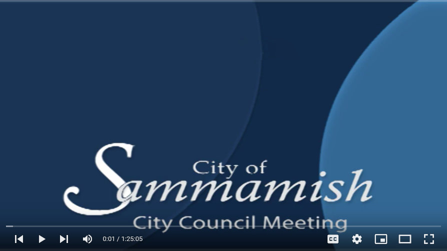 City Of Sammamish Council Meeting Video Thumbnail with no date. Background is a blue abstract design and wording City of Sammamish City Council Meeting is in white letters.