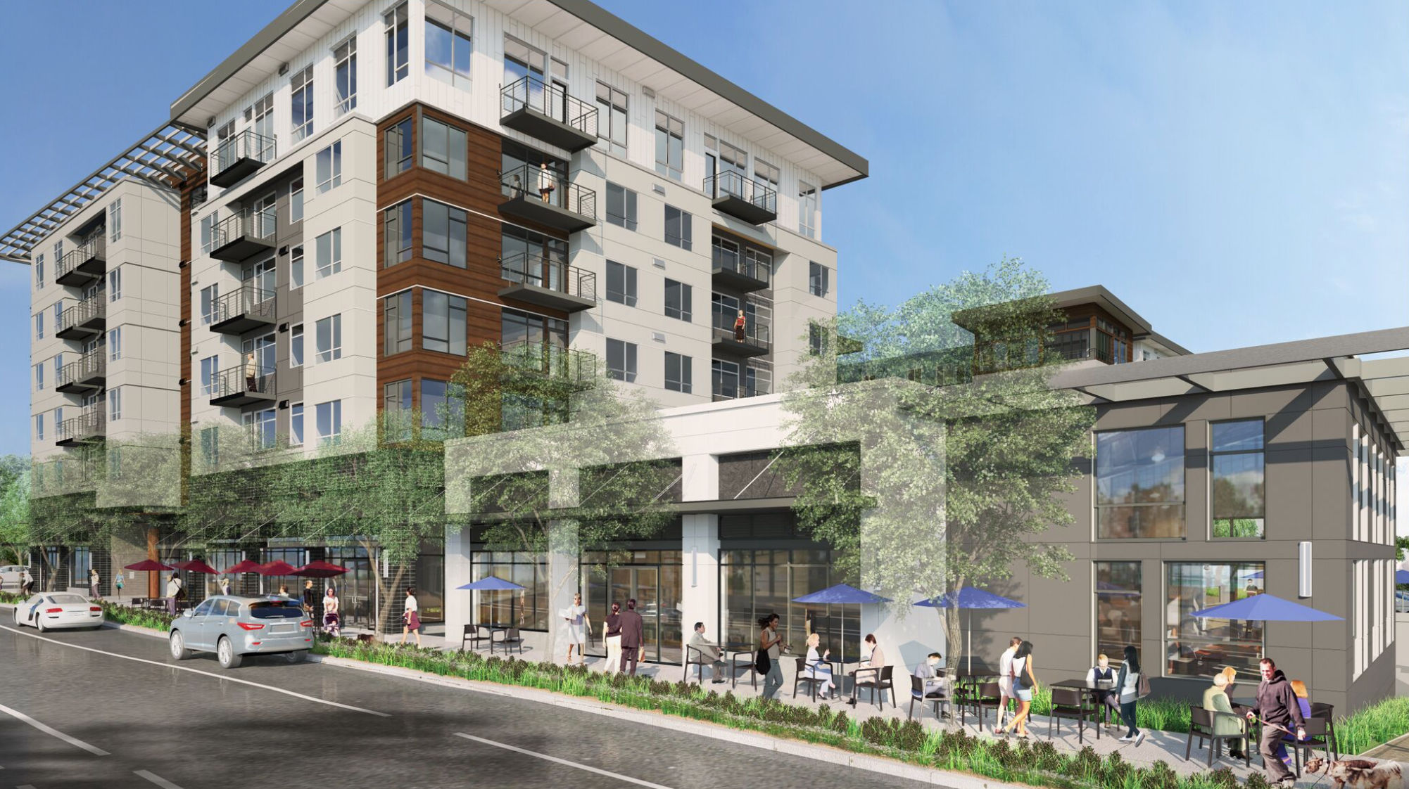 rendering of Sky Sammamish project, showing a mixed use multi-story building with sidewalk seating