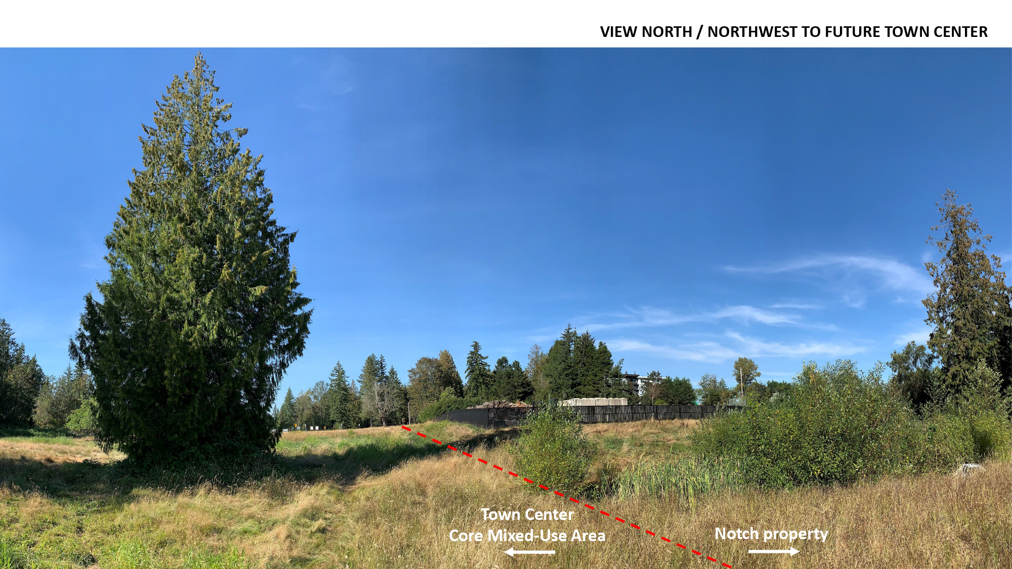 Grassy meadow area with a few trees and foliage. Verbiage indicates right arrow to Notch property and left arrow to Town Center Core Mixed-Use Area in Sammamish.