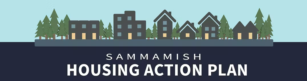 Banner that says Sammamish Housing Action Plan with images of homes, buildings, evergreen trees above the words.