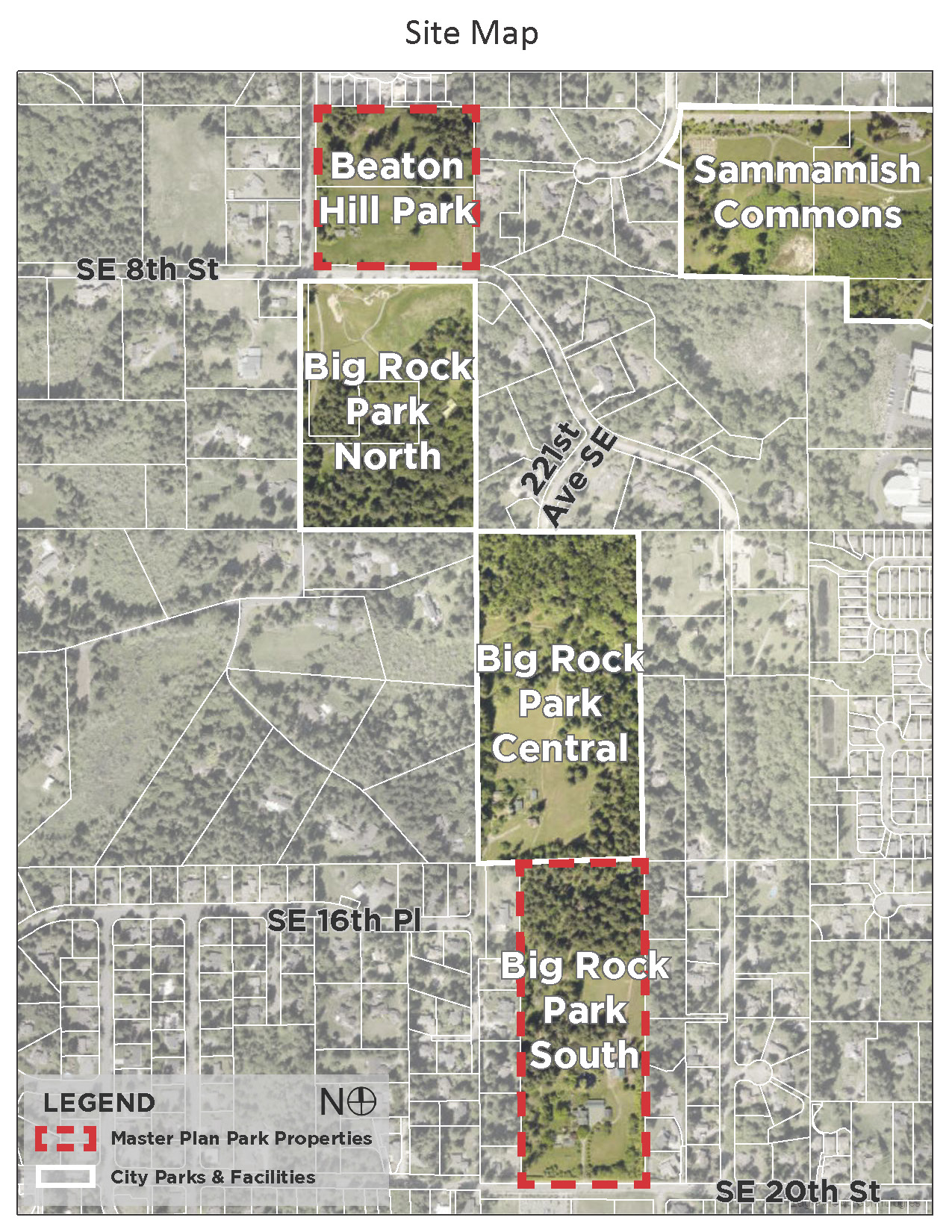 Site map showing where Beaton Hill Park and Big Rock Park South are and their proximity to each other as well as to Big Rock Park North, Big Rock Park Central, and Sammamish Commons.