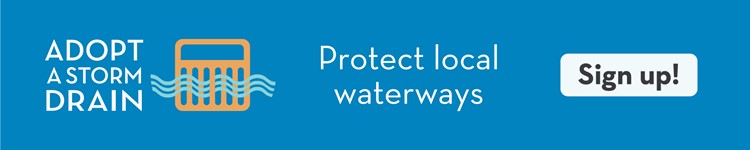 Adopt-a-storm-drain. Protect local waterways. Sign up! Clipart icon of a drain with water going over it.