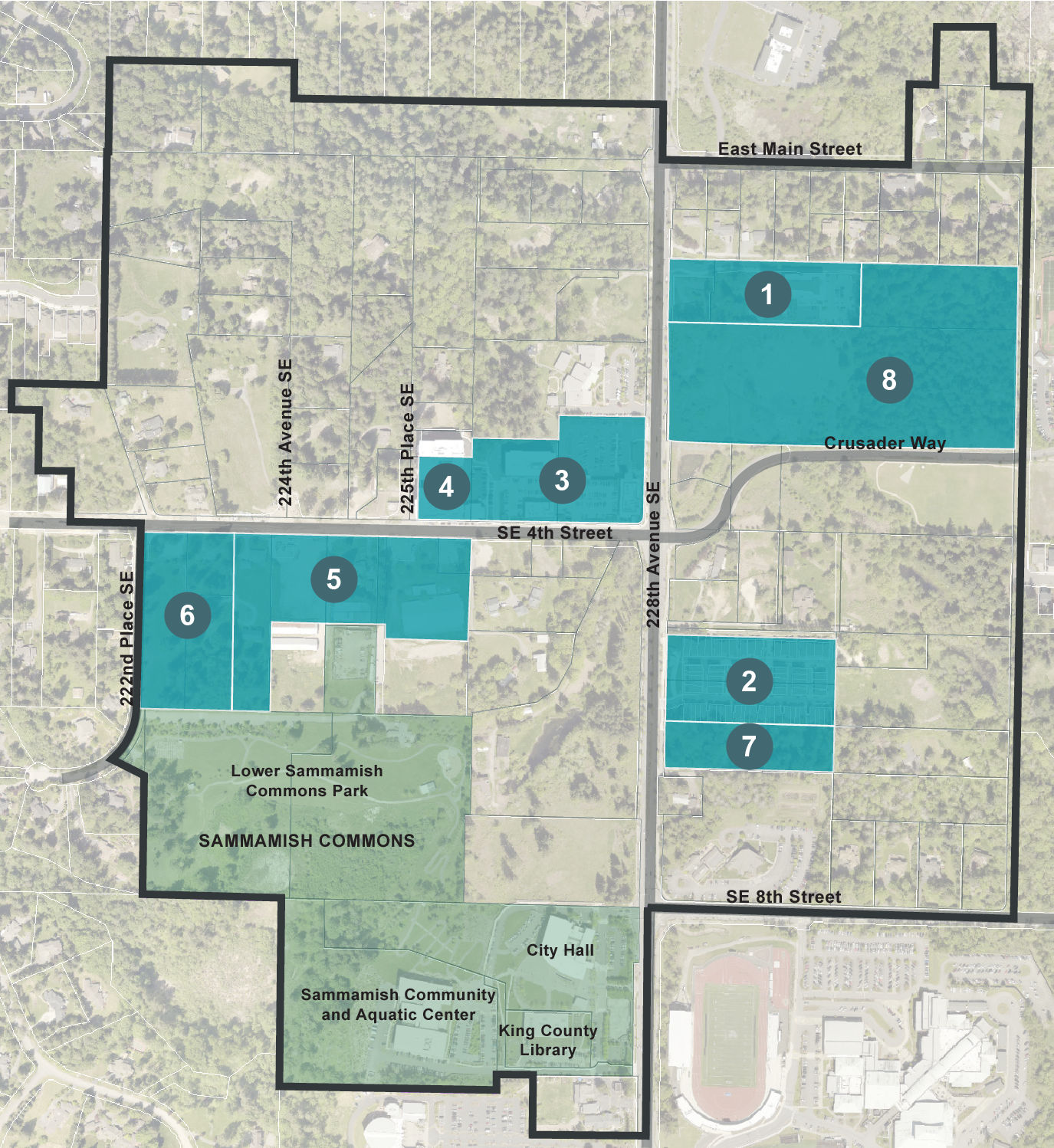 Map of Town Center development projects and project area, marking 7 planned or underway projects as well as locations of existing public amenities