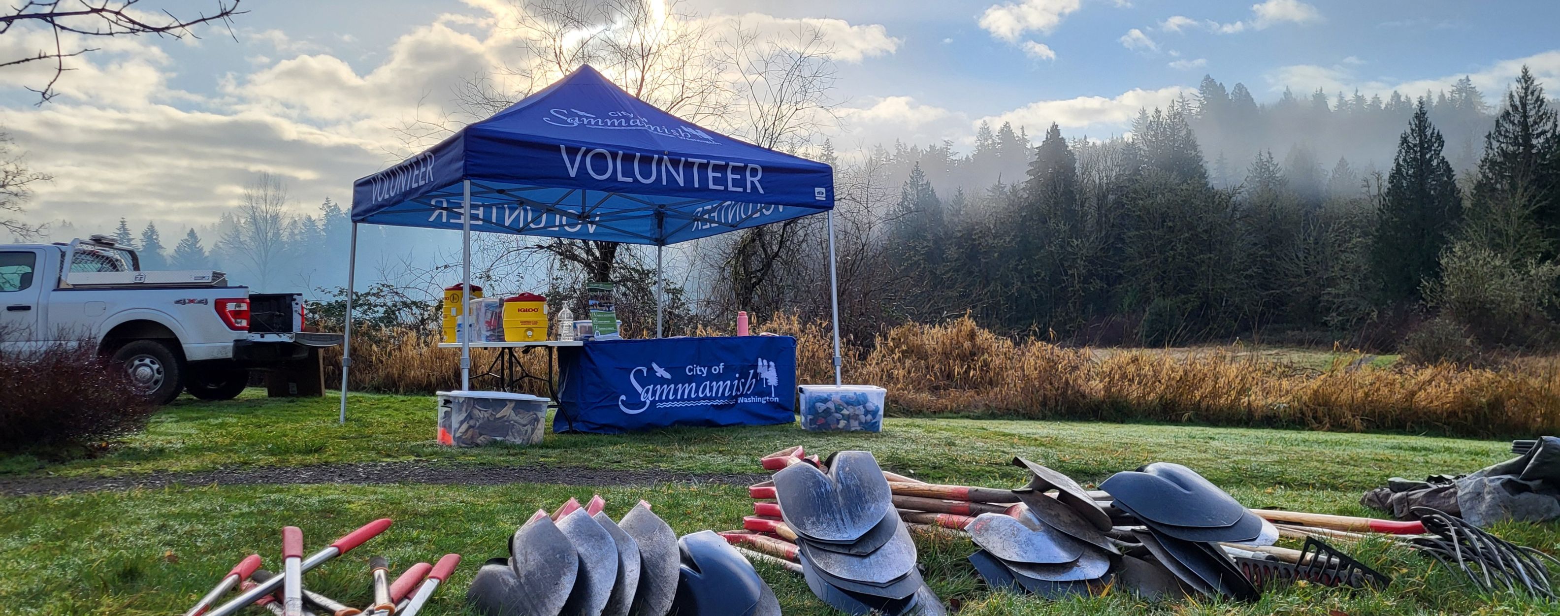 Early-morning fog above trees provides a backdrop for a City of Sammamish volunteer tent and table, with shovels and pitchforks in the foreground.