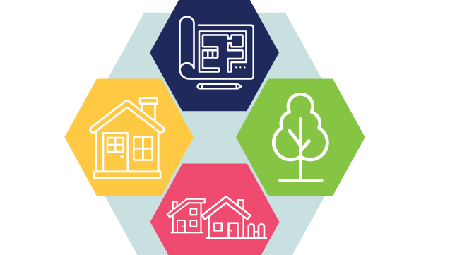 Logo including green tea symbol, housing symbols and a map symbol