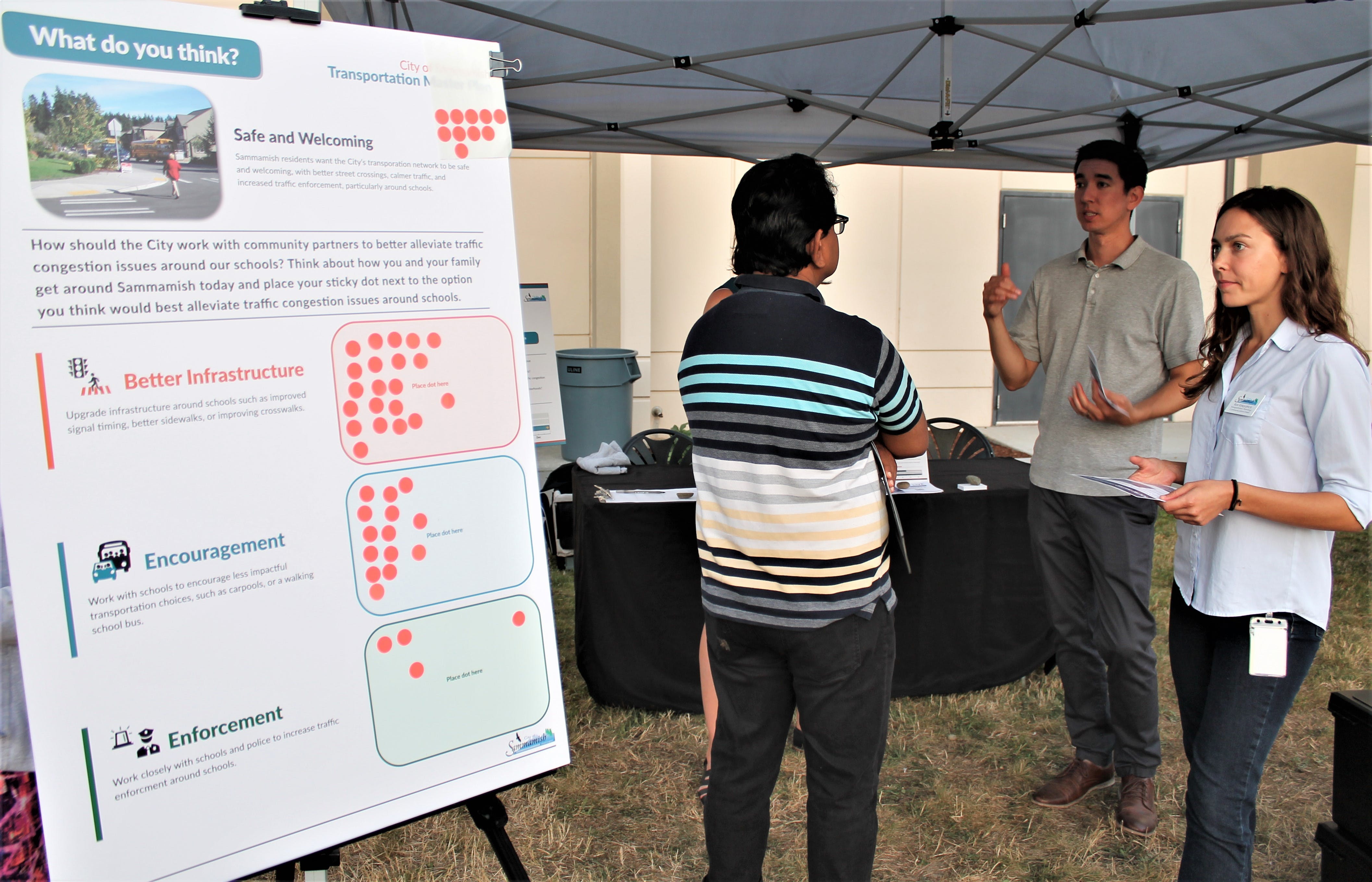Three people under a pop-up shelter discuss the Transportation Master Plan next to an informational board set on a tripod at National Night Out.