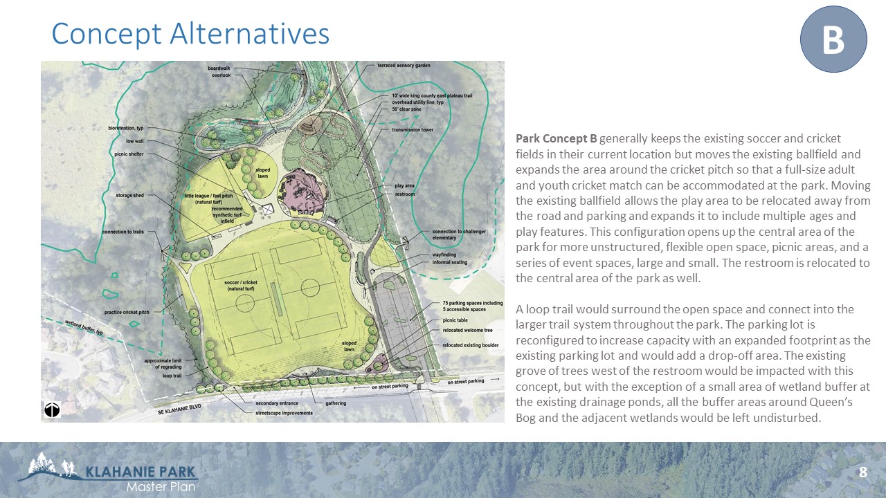 Park Concept B - expands cricket field for a full-size adult game, opens up more unstructured space, adds loop trail