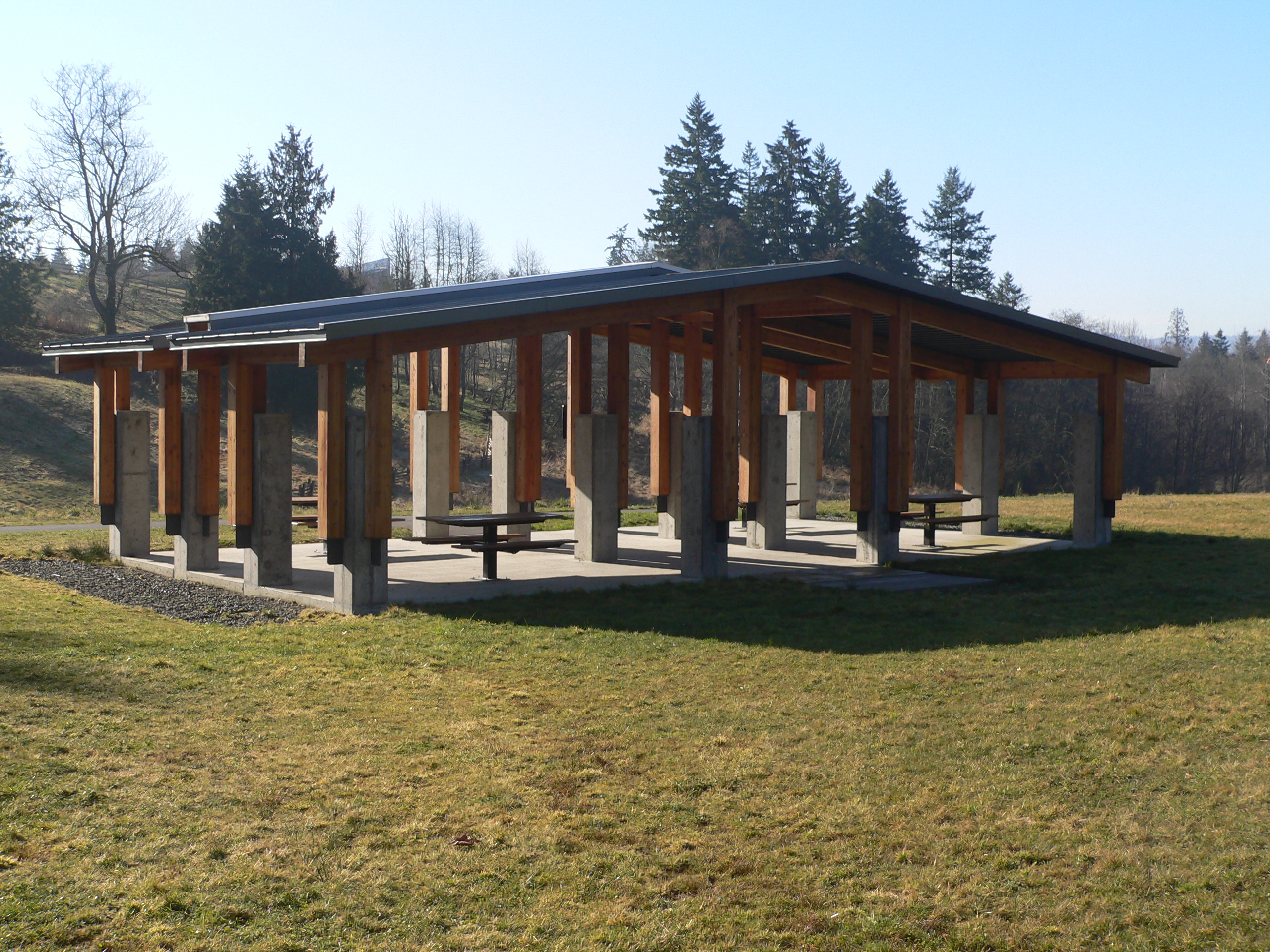 Large covered picnic shelter at the Lower Commons at Sammamish Commons with several picnic tables. The floor is cement. The shelter is surrounded by grass and there are evergreen trees and deciduous trees without their leaves in the background.