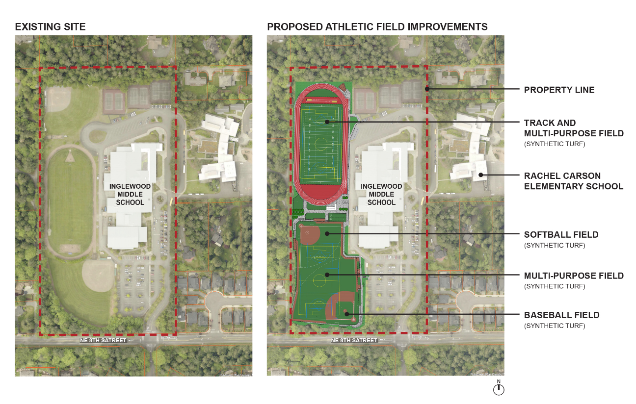 Two side-by-side sketches of Inglewood Athletic Field in Sammamish, one showing the site as it exists now and the other showing where the synthetic turf will be placed: baseball field, multi-purpose field, and track and multi-purpose field. 