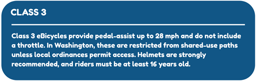Class 3 eBicycles provide pedal-assist up to 28 mph and do not include a throttle.