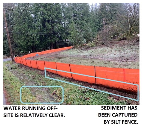 Dec 2019 Rain Event -- shows sediment captured by the silt fence enclosing the construction site, with relatively clear water running off-site
