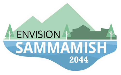 The phrase "ENVISION SAMMAMISH 2044" sits against a background of trees and mountains over water.
