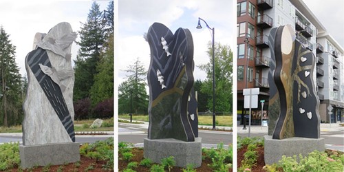 three photos of public sculpture placed next to street, with silver, black and gold depictions of nature