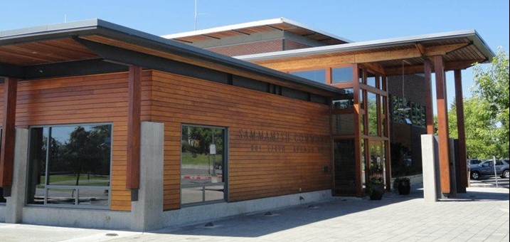 Exterior of Sammamish City Hall with street address on it 801 228th Avenue Southeast