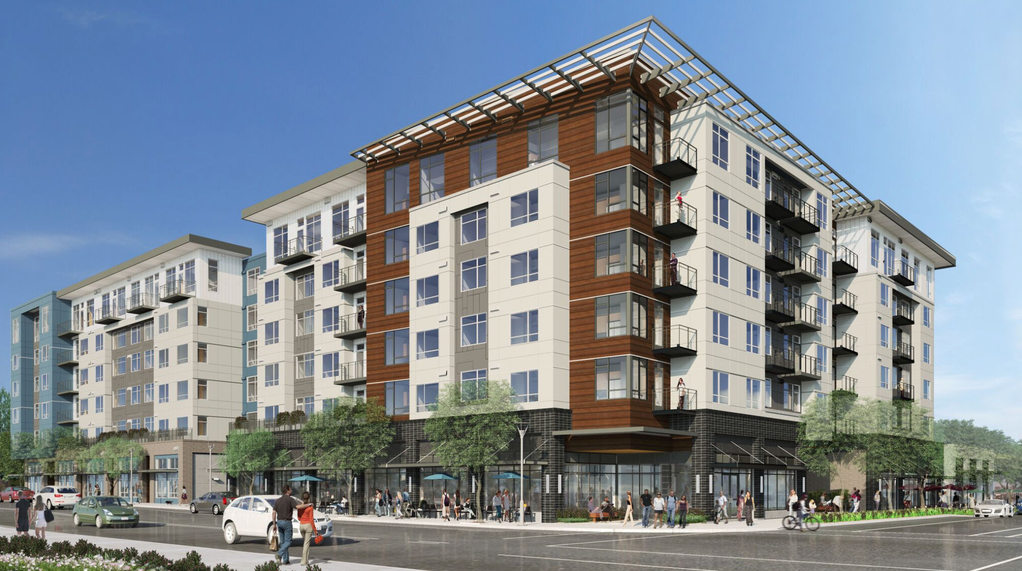 rendering of whole block project, showing tall multifamily building above street level retail with sidewalk dining