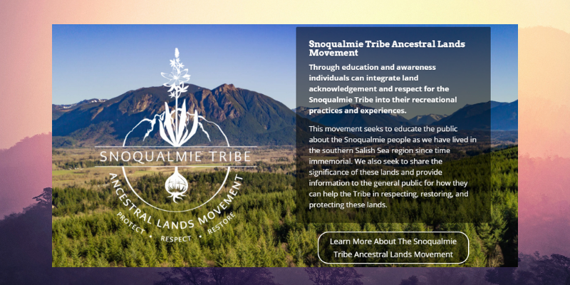 Photo of tops of evergreen tree forest and mountains. Snoqualmie Tribe Ancestral Lands Movement. Protect. Respect. Restore.