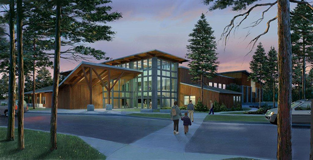 rendering of approach to Aquaplex, a large inviting building with warm wood and a large glassed entry
