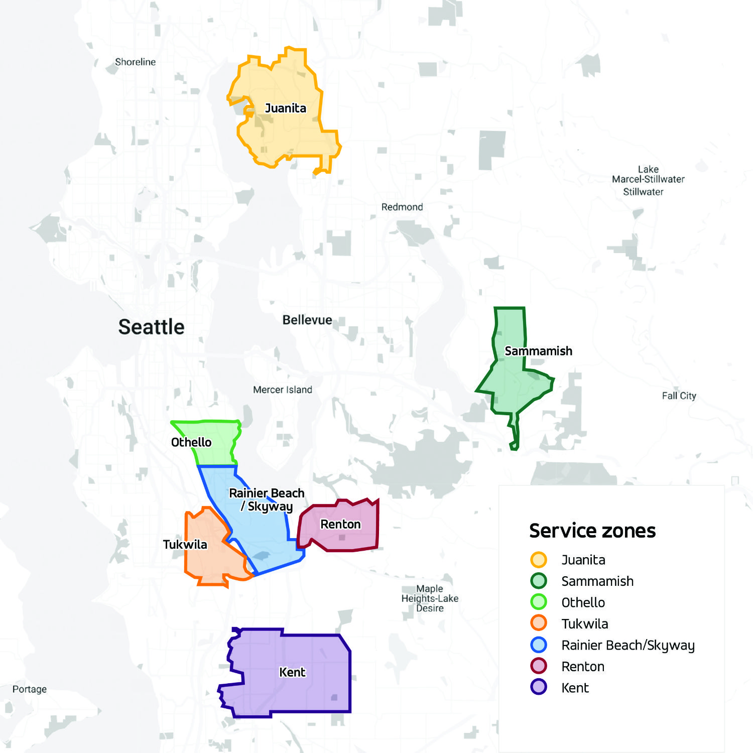Map showing Metro Flex Zone areas: Juanita, Sammamish, Othello, Tukwila, Rainier Beach/Skyway, Renton, and Kent.