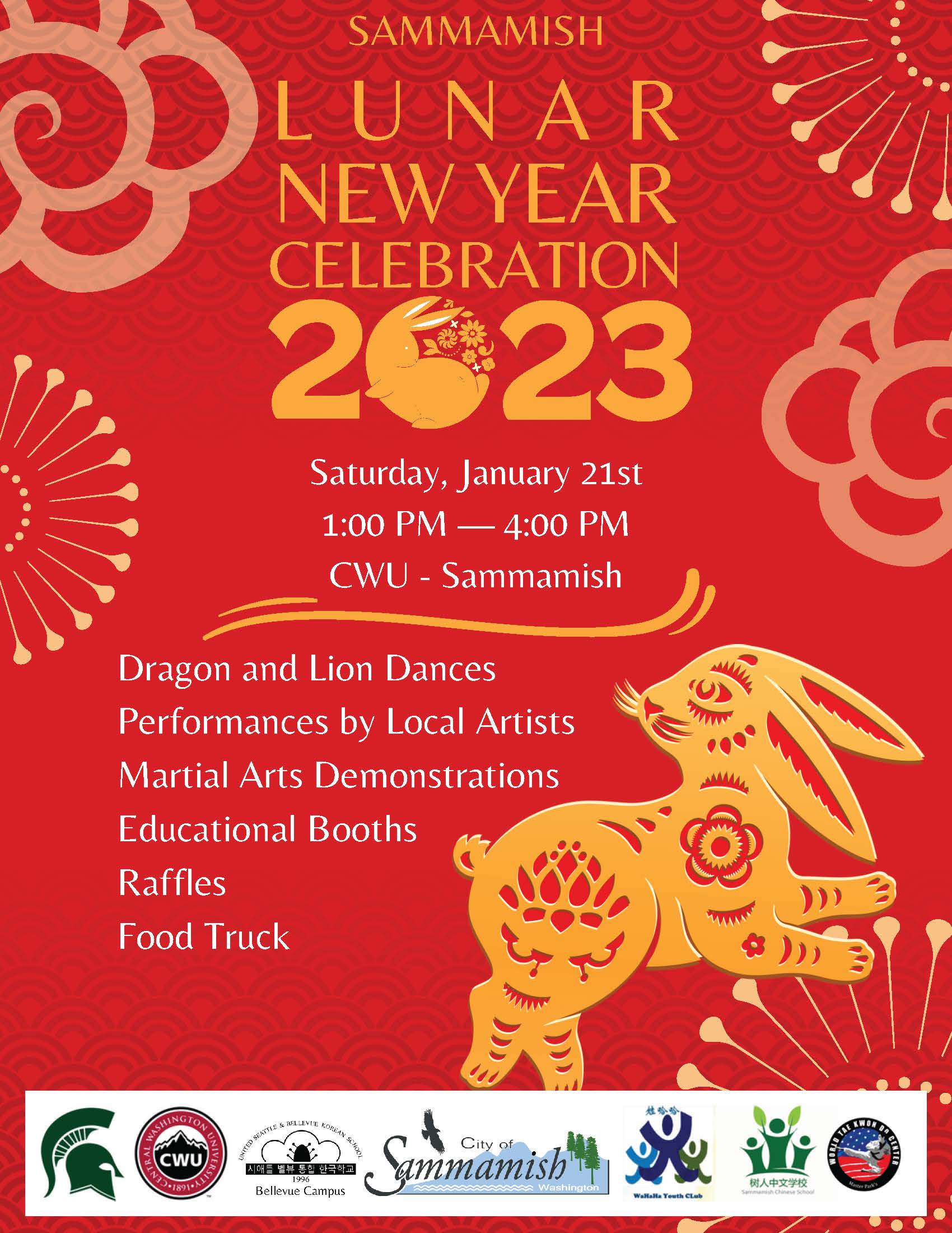 Lunar New Year Flyer with rabbit on it. New Year Celebration 2023, Saturday, January 21st. 1:00 PM - 4:00 PM. CWU - Sammamish. Dragon and lion dances, performances by local artists, martial arts demonstrations, educational booths, raffles, food truck.