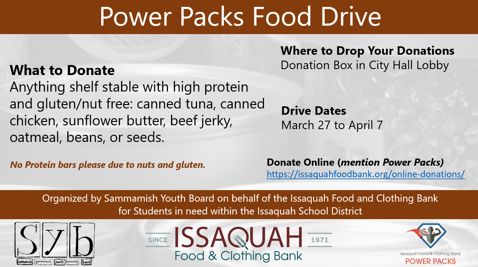 Power Packs Food Drive. What to donate: anything shelf stable with high protein and gluten/nut free: canned tuna, canned chicken, sunflower butter, beef jerky, oatmeal, beans, or seeds. No protein bars, please, due to nuts and gluten. Where to drop off your donations: Donation box in City Hall Lobby. Drive dates: March 27 - April 7. Donate online (mention Power Packs) https://issaquahfoodbank.org/online-donations/  Organized by Sammamish Youth Board on behalf of the Issaquah Food and Clothing Bank