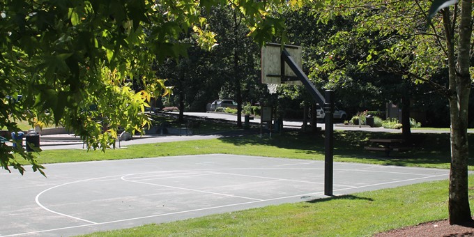 Basketball court at Northeast Sammamish Park surrounded by grass and deciduous trees.