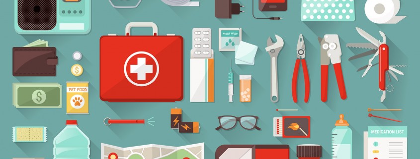 Items for an emergency preparedness kit: cash, non-perishable food, bottled water, pet food, first-aid kit, whistle, map, radio, batteries, matches, flashlight, medication, medication list, jackknife with multi-tools, baby bottle, baby formula, manual can opener, pliers, wrench, toilet paper.