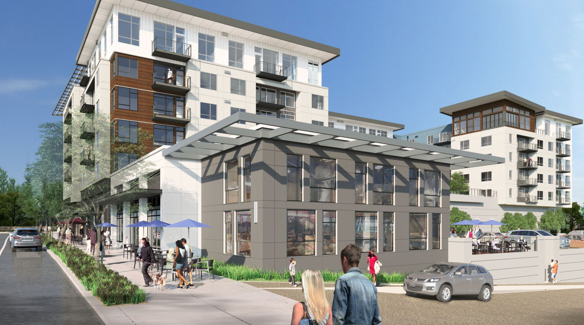 rendering of Sky Sammamish project showing vehicle access next to retail spaces and wide sidewalk