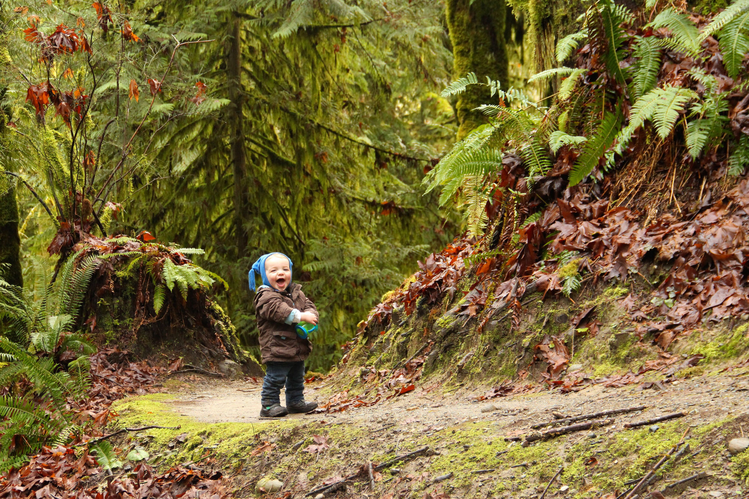 little kid in an elf hat thrilled to be walking through the forest