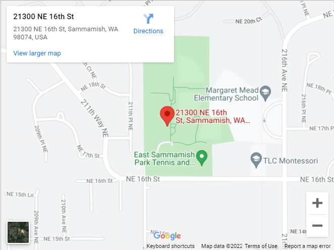 Google Map aerial view showing location of East Sammamish Park at 21300 Northeast 16th Street, Sammamish, Washington 98074.