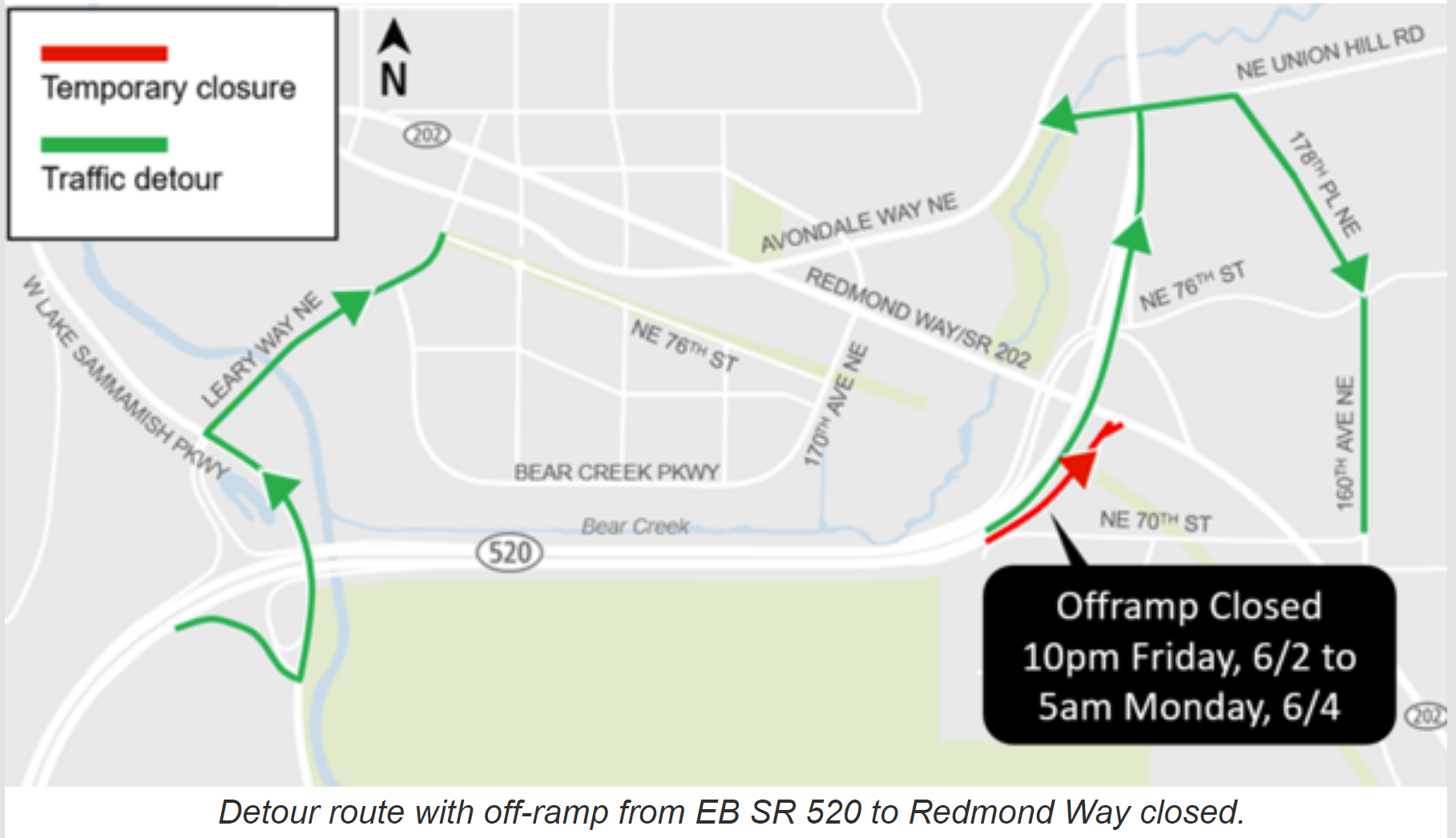Map showing where State Route 520 off-ramp to Redmond Way is to be closed from 10:00 p.m. Friday, June 2nd to 5:00 a.m. Monday, June 4th and the detour route Leary Way NE.