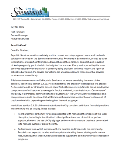 Letter sent to Republic Services