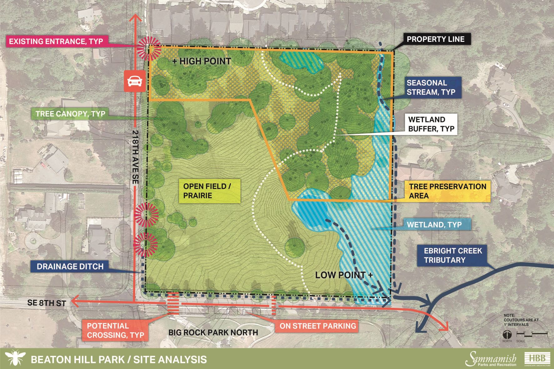 Site analysis of Beaton Hill Park indicating existing conditions and key features such as wetlands and tree preservation areas