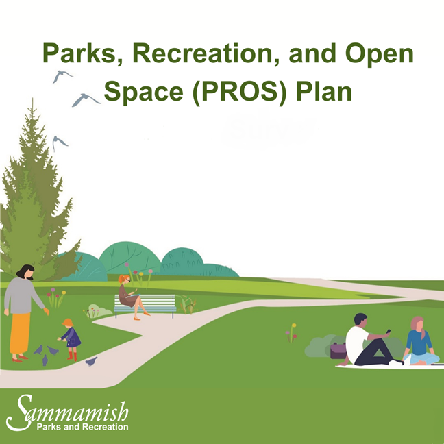 Image that says Parks, Recreation, and Open Space (PROS) Plan with Sammamish Parks and Recreation logo at the bottom. Illustrations of a park with woman reading on a park bench, a parent and child looking a birds, and a couple having a picnic. There are grassy areas with a paved path, a few flowers, and trees and bushes in the distance.