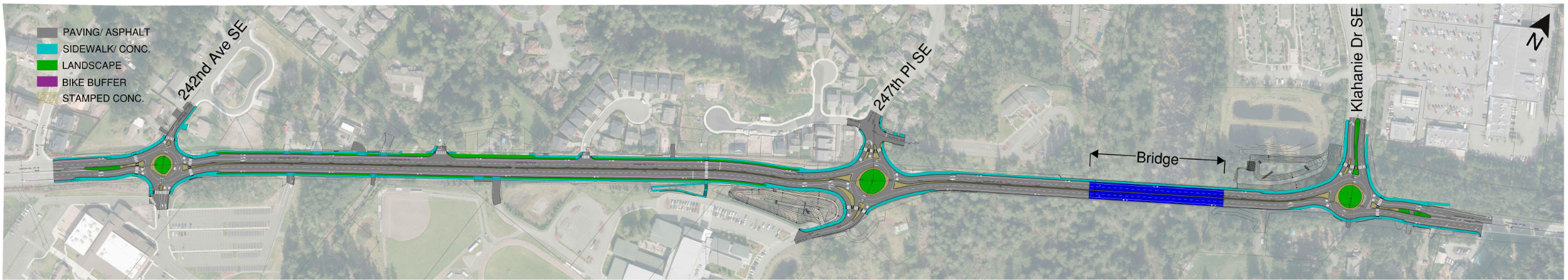 full length plan for Issaquah Fall City Road phase 1 project showing three roundabouts and bridge
