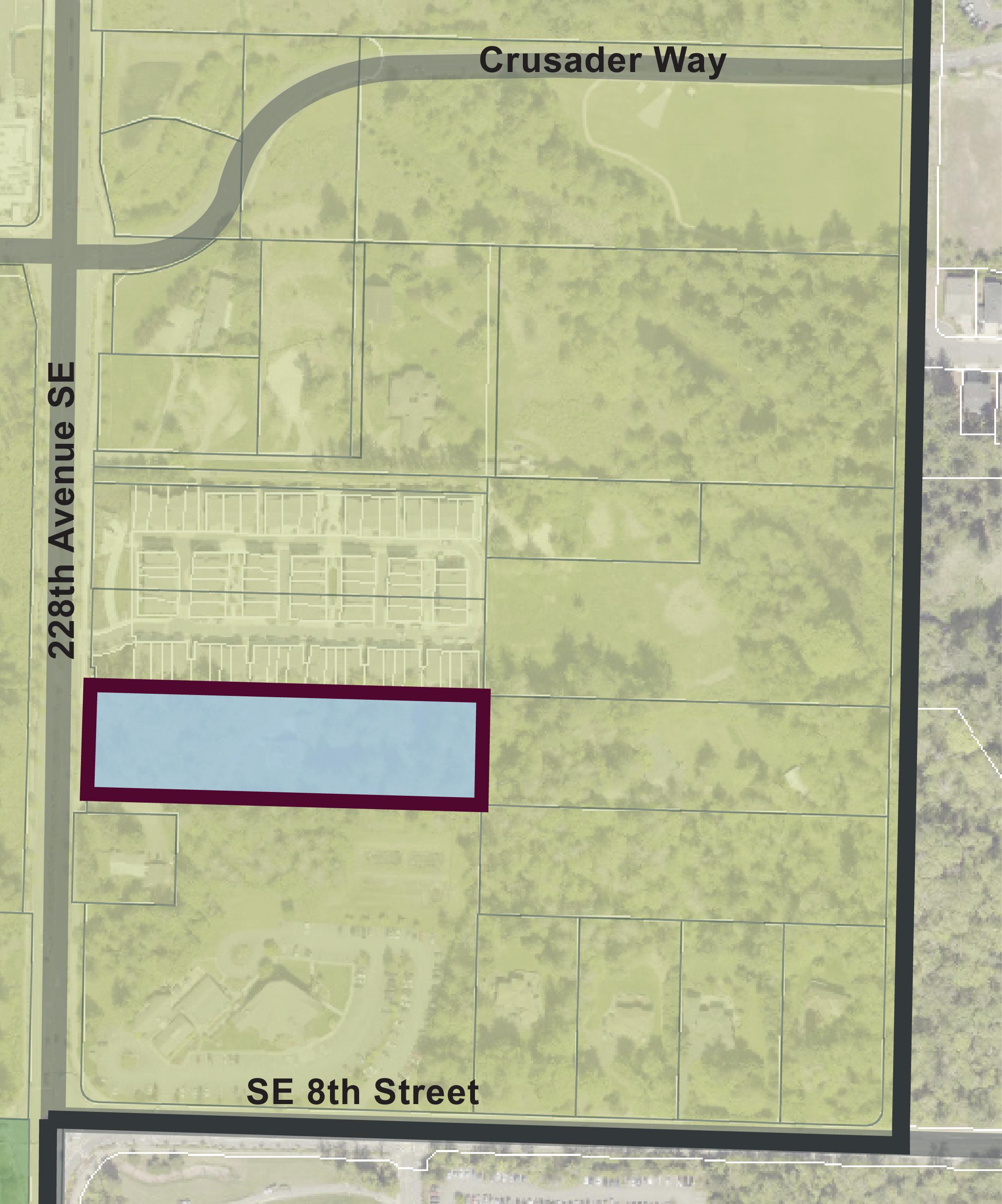 Marked up map showing project location for Aegis of Samammish, mid-block on 228th Ave SE