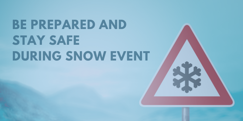 Photo for winter preparation and awareness (FAQ). Wintery weather background with triangular street sign with snowflake on it in foreground. "Be prepared to stay safe during snow event."