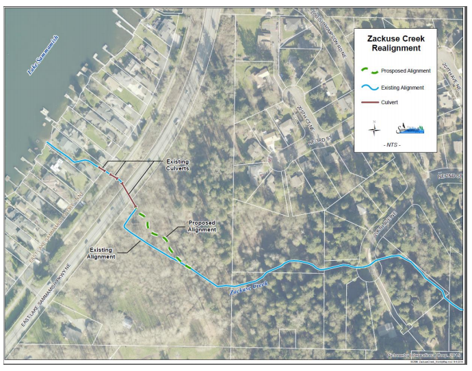 Map of Zackuse Creek Proposed Realignment, showing a more natural path as a replacement for the straight, right angled existing route