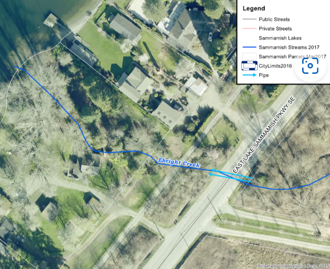 Map showing Ebright Creek's route going under East Lake Sammamish Parkway Southeast into Lake Sammamish.