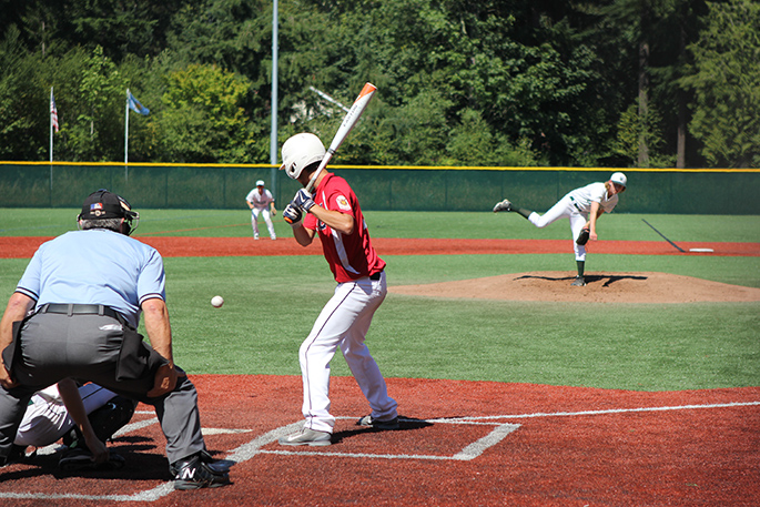 Pitcher throws baseball and batter is ready to take a swing at baseball field at Eastlake Community Fields.