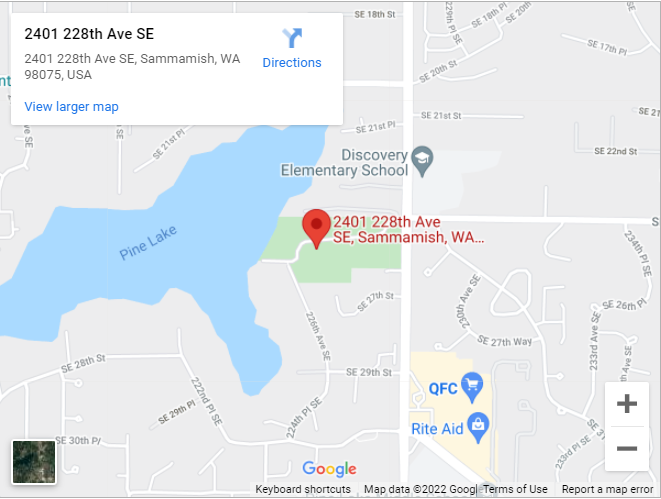 Google Map aerial view showing location of Pine Lake Park at 2401 228th Avenue Southeast, Sammamish, Washington 98075.