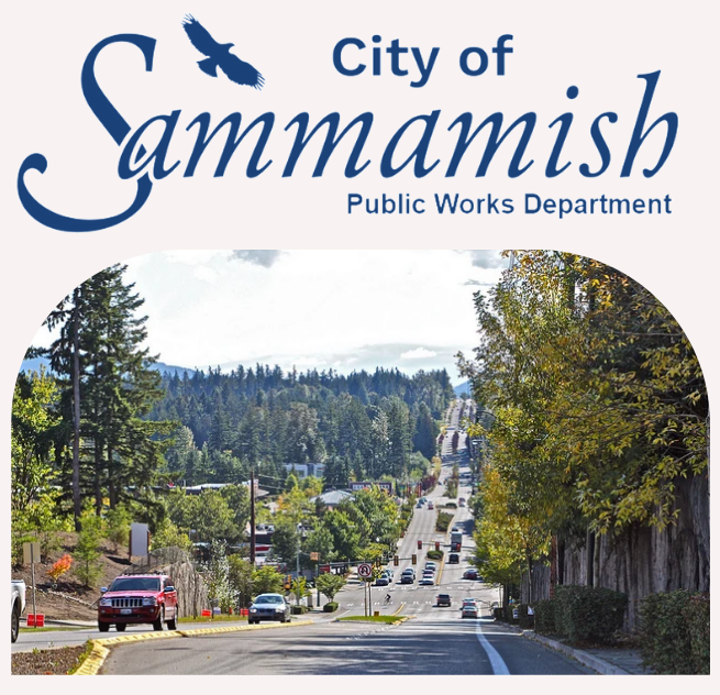 A hilly city street in Sammamish, Washington, lined with trees and houses, with cars driving in both directions. City of Sammamish Public Works Department is written at the top with an eagle graphic.