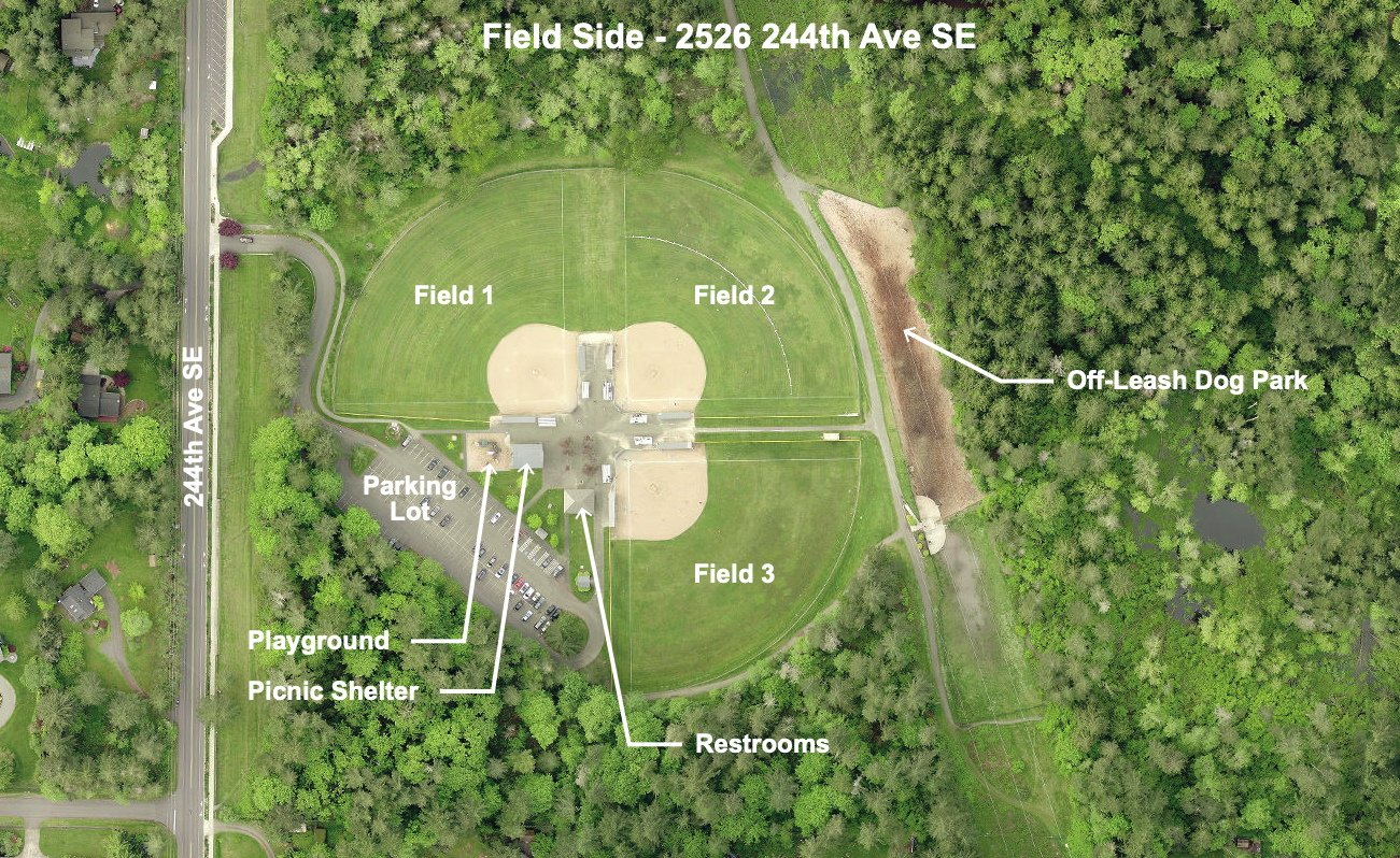 aerial photo of Beaver Lake Shelter and fields overlaid with labels, showing the location fo three fields, playground, shelter, and restrooms