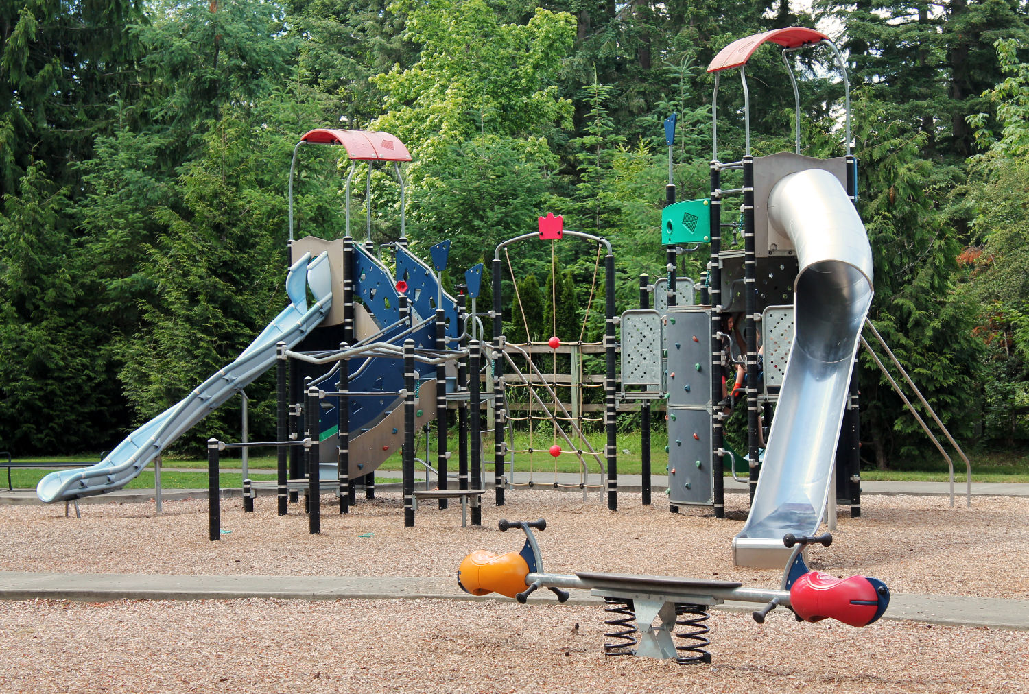 ebright creek park playground, including slides and small climbing wall