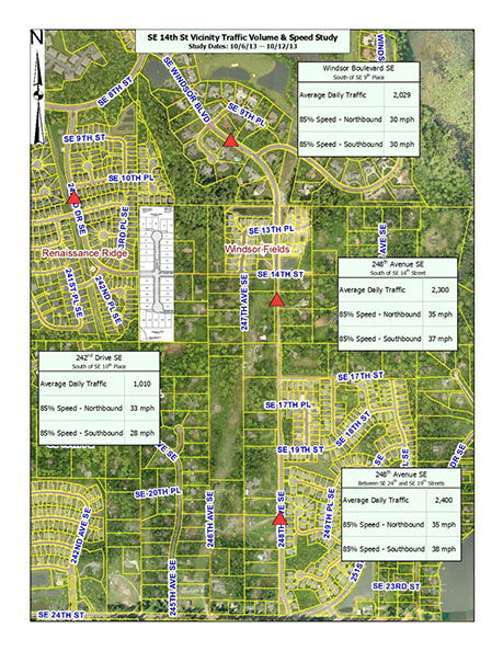 GIS map showing results of a traffic study of speed and volume at four locations near SE 14th Street