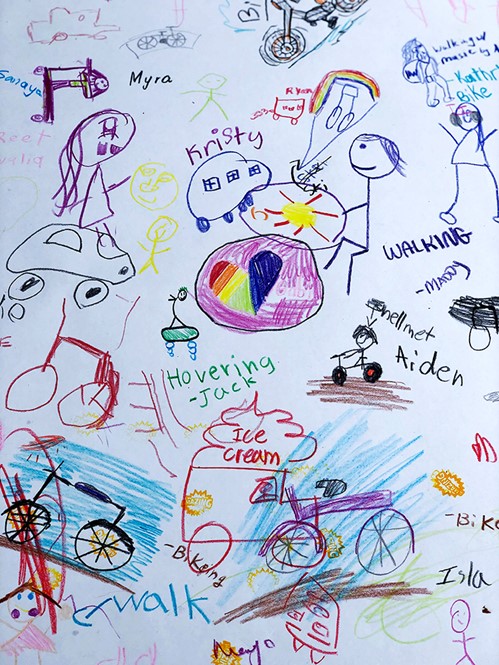 Crayon drawings done by children of various types of transportation.