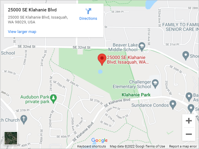 Google Map aerial view showing location of Klahanie Park at 25000 Southeast Klahanie Boulevard, Issaquah, Washington 98029.