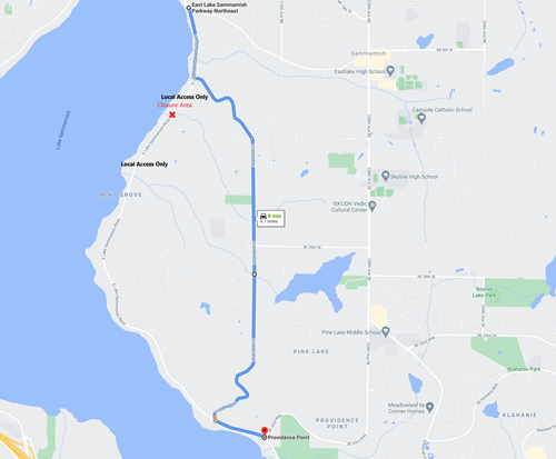 map showing detour route and local access area for Ebright fish passage project
